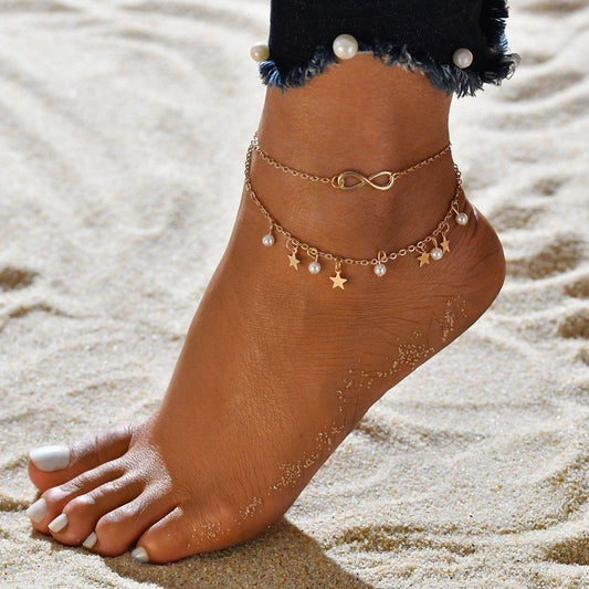 Infinity Anklet Bracelet Pearls and Stars